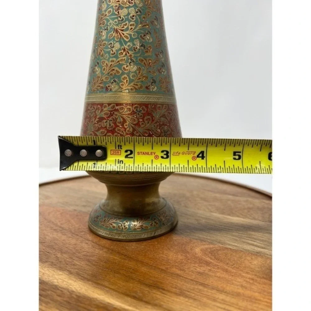 Vintage Brass Enamel Vase Red Teal‎ Floral Embossed Decorative Accent